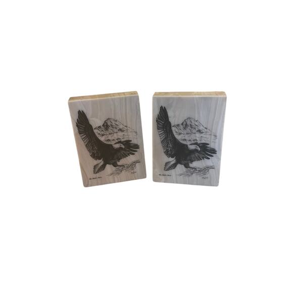 Vtg. Bill Devine Bald Eagle Bookends 2 Marble Etched Design The Alaska Mint 1981